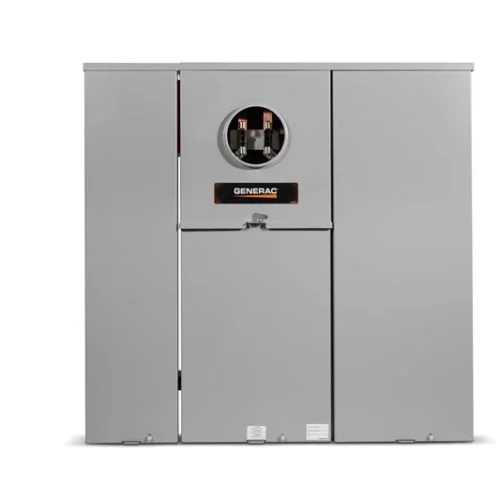 The Generac RXGUW200A3 is a fully integrated utility meter base and automatic transfer switch, featuring a 200A main breaker and 42-circuit load center housed in a single NEMA 3R aluminum enclosure.