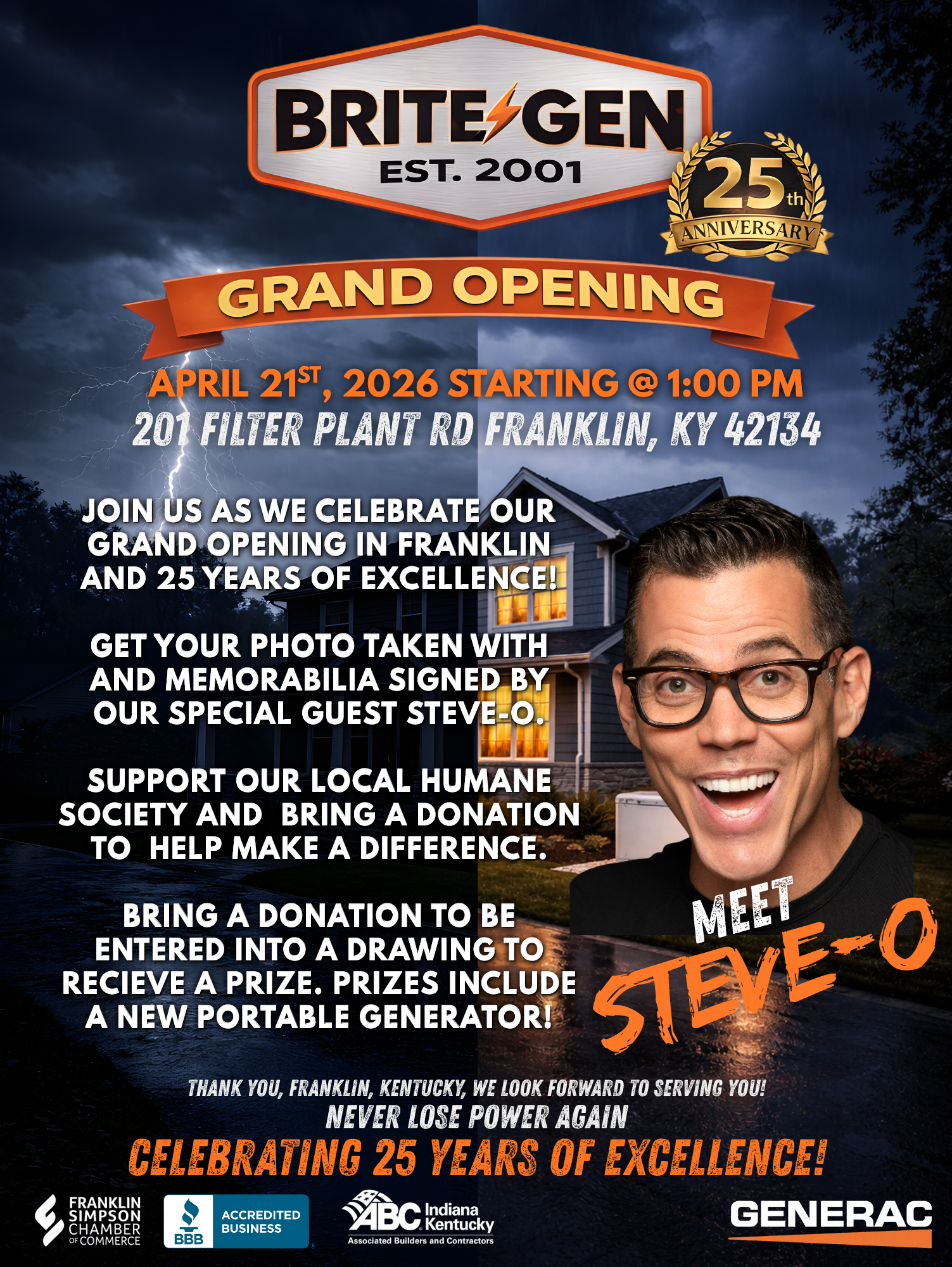 Brite Generators Grand Opening April 21 2026 Franklin KY — Meet Steve-O