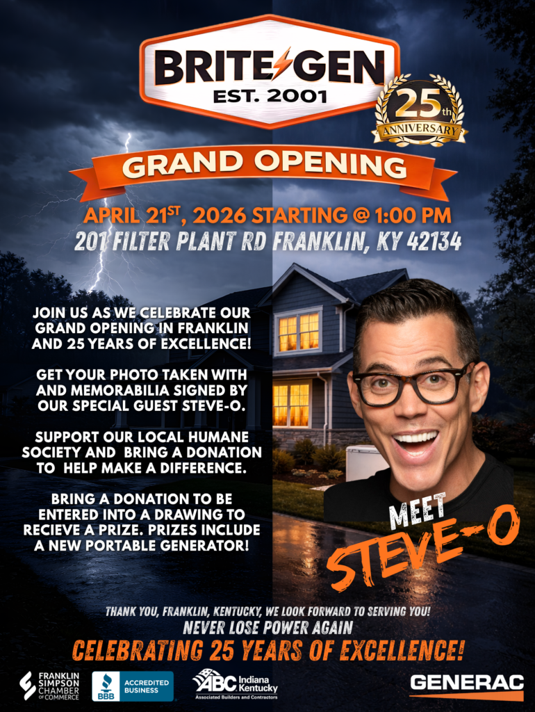 Brite Generators Join us April 21, 2026 as we officially open our Franklin, Kentucky location, celebrate a quarter century of service, give back to two great local causes, and welcome a very special guest.